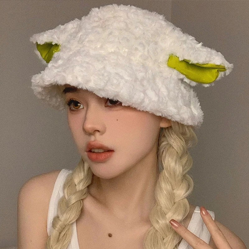 FLuffy Lamb Ear Bucket Hat Cute Sheep Ears Faux Fur Plush Beanies Winter Soft Warm Caps Women Outdoor Warm Panama Fisherman Hats