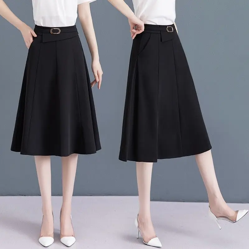 Vintage Fashion New Women Skirts Summer Ice Silk Solid Pockets Simplicity Office Lady High Waist Mid-length A-line Pleated Skirt