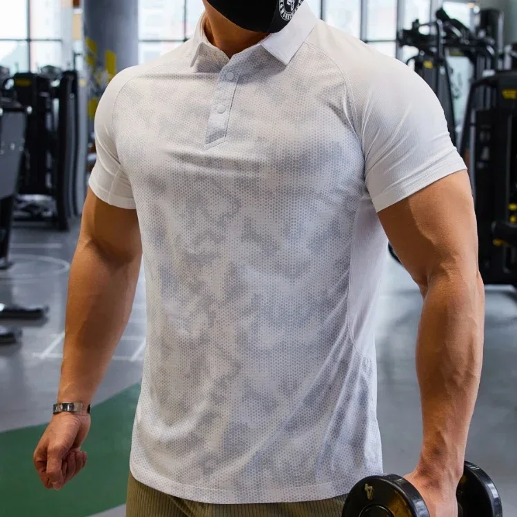 Muscle Workout T-shirt Mens Gym Jogging Short Sleev Tops Man Outdoor Cycling Sweatshirt Homme Elastic Quick Drying Sports Shirts
