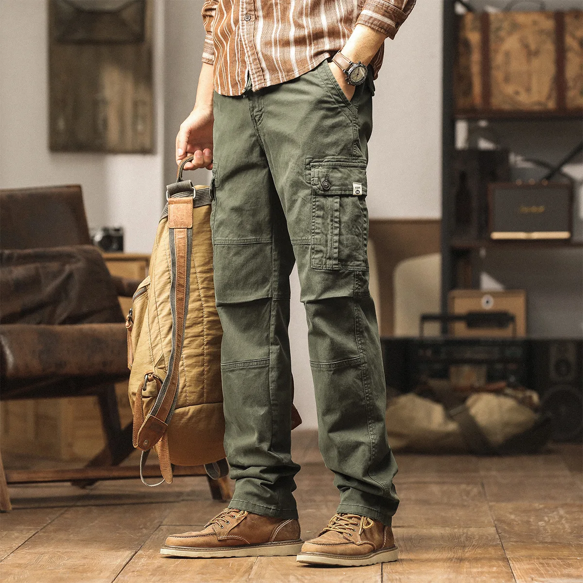 

American style Fashion Men's Solid Color Cotton Plus Size Elastic Casual Trendy Simple Basic Outdoor Cargo Trousers Male Pants