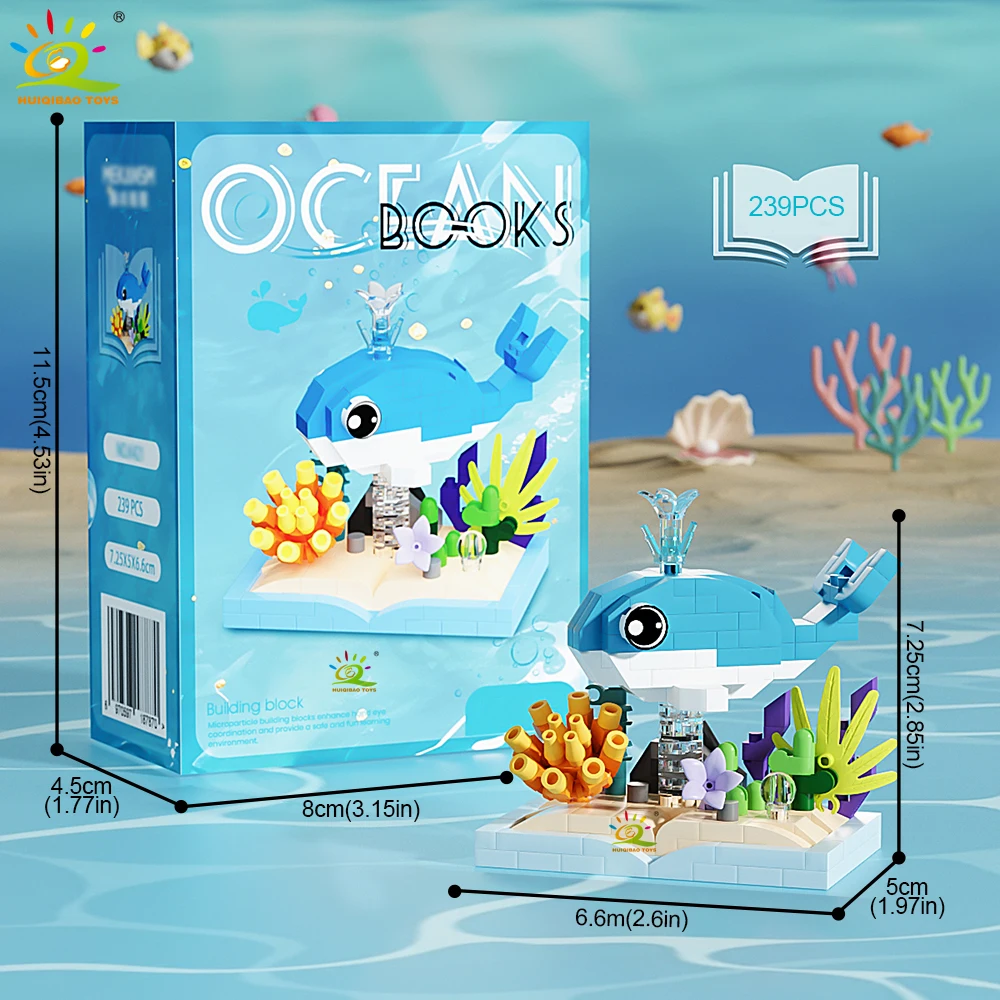 HUIQIBAO MOC Ocean Series Micro Bouwsteen Orcas Lantaarn vis Blauwe Walvissen Mini Baksteen set Speelgoed voor Kinderen Bureau Decoratie