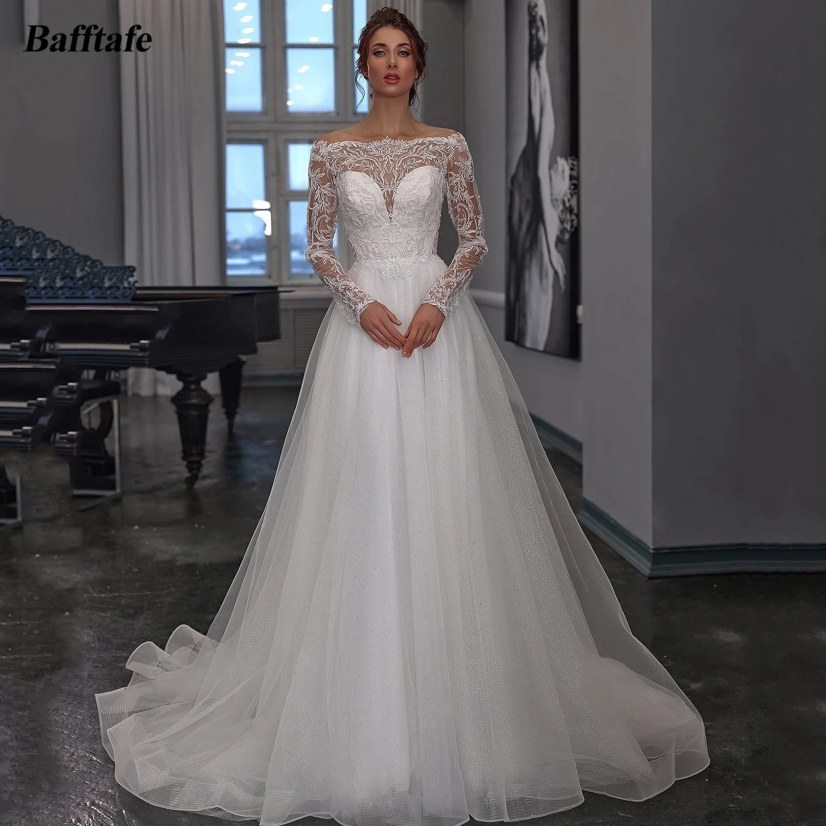 

Bafftafe Sparkle Tulle Wedding Dresses Customized Appliques Lace Long Sleeves Bridal Gowns Formal Wedding Photo Shoot Dress 2025