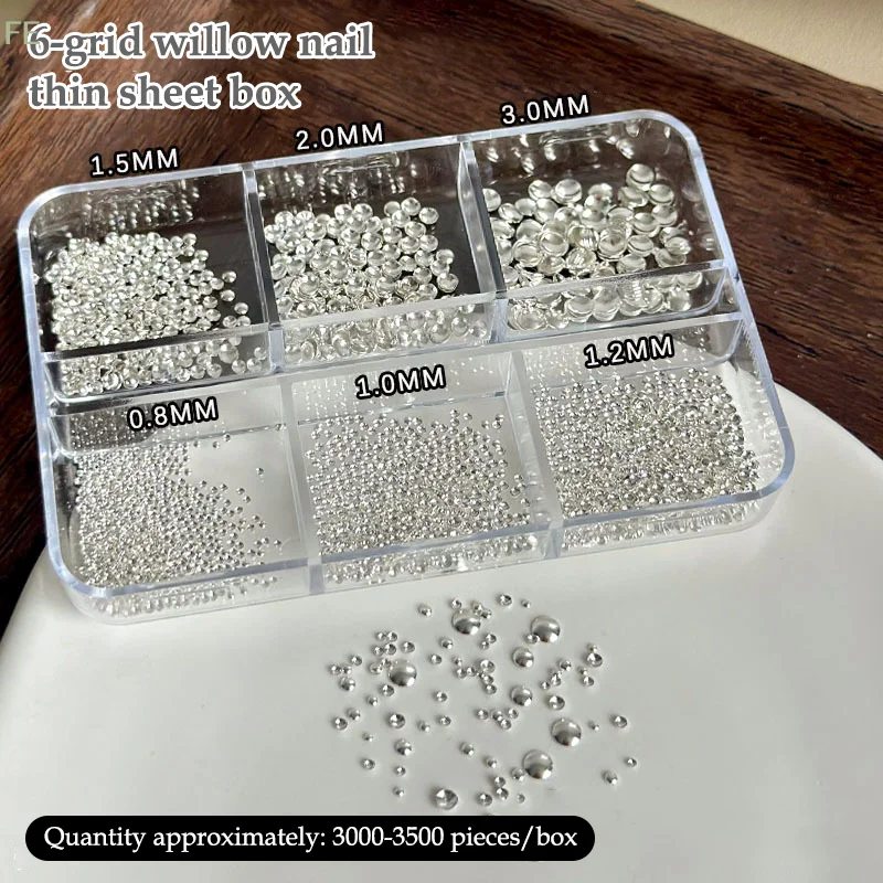 [F] 6 Grid/box Gold Silver Half Round Rivets Nail Charms 0.8-3mm Flat Back Round Metal Nail Bead Micro Ball Manicure Bead