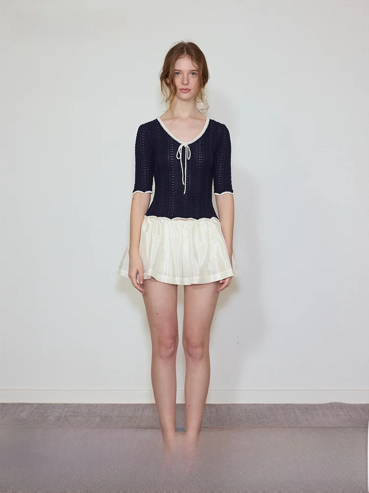 

Moonmoi Summer Knot Color Blo Design Lace Trim Midi Sve Top Casual Fit V-Ne Knitted Cotton Blend Faion