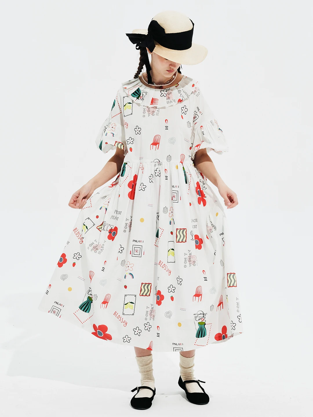 

imakokoni2024 summer literary pure cotton printed large version dress puff sleeve midi dress 244633