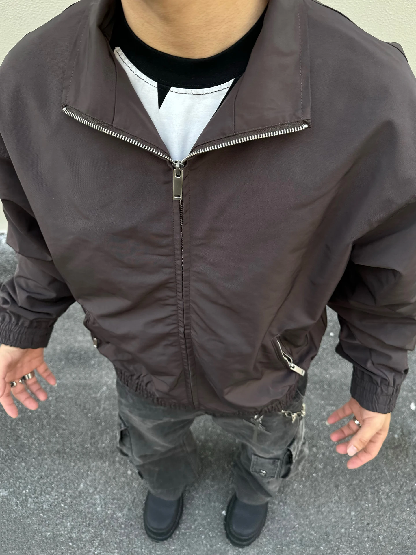 

American Sle Retro Cleanfit Stand Collar Jaet ex Boxy Fit Casual ort Wide Zipper Coat Polyester Fabric for Youth