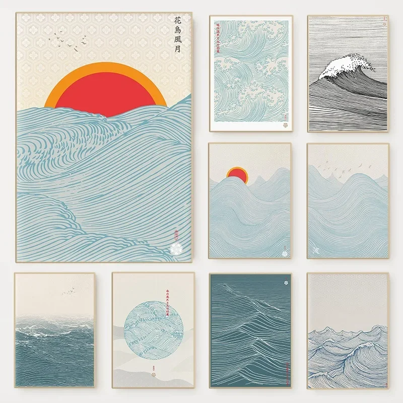1pc frameless Canvas Painting Japanese Minimalist Waves Hokusai Poster Vintage Japan Ukiyo-e Sea Wave Sun Canvas Painting Wall A