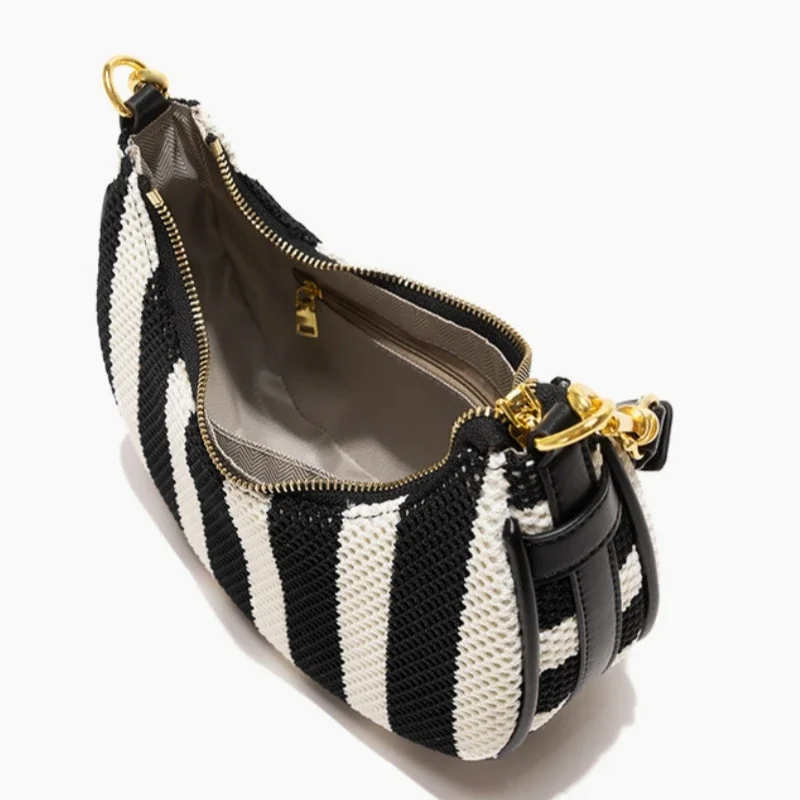 2024 New Black White Color Contrast Stripes Women\'s Half Moon Hobo Bag Fashion Woven Armpit Bag Daily Commute Shoulder Bag 2024