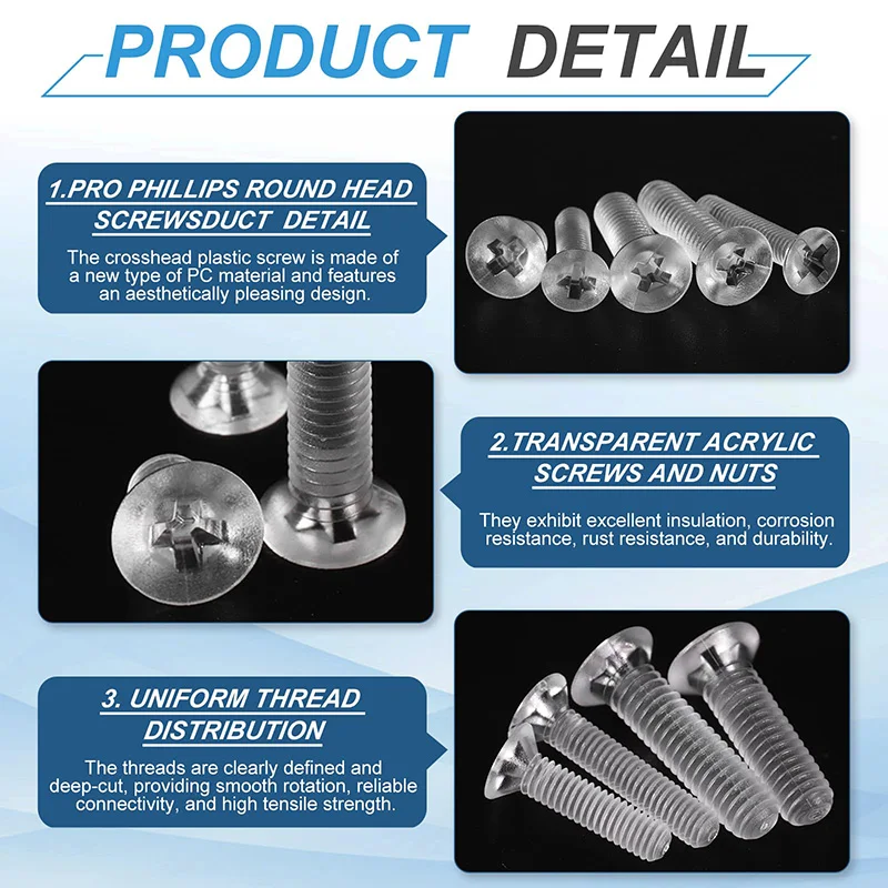 Vite a testa svasata trasparente in acrilico PC M2 M2.5 M3 M4 M5 M6 M8 Viti a testa piatta a croce Phillips in plastica Bullone isolato