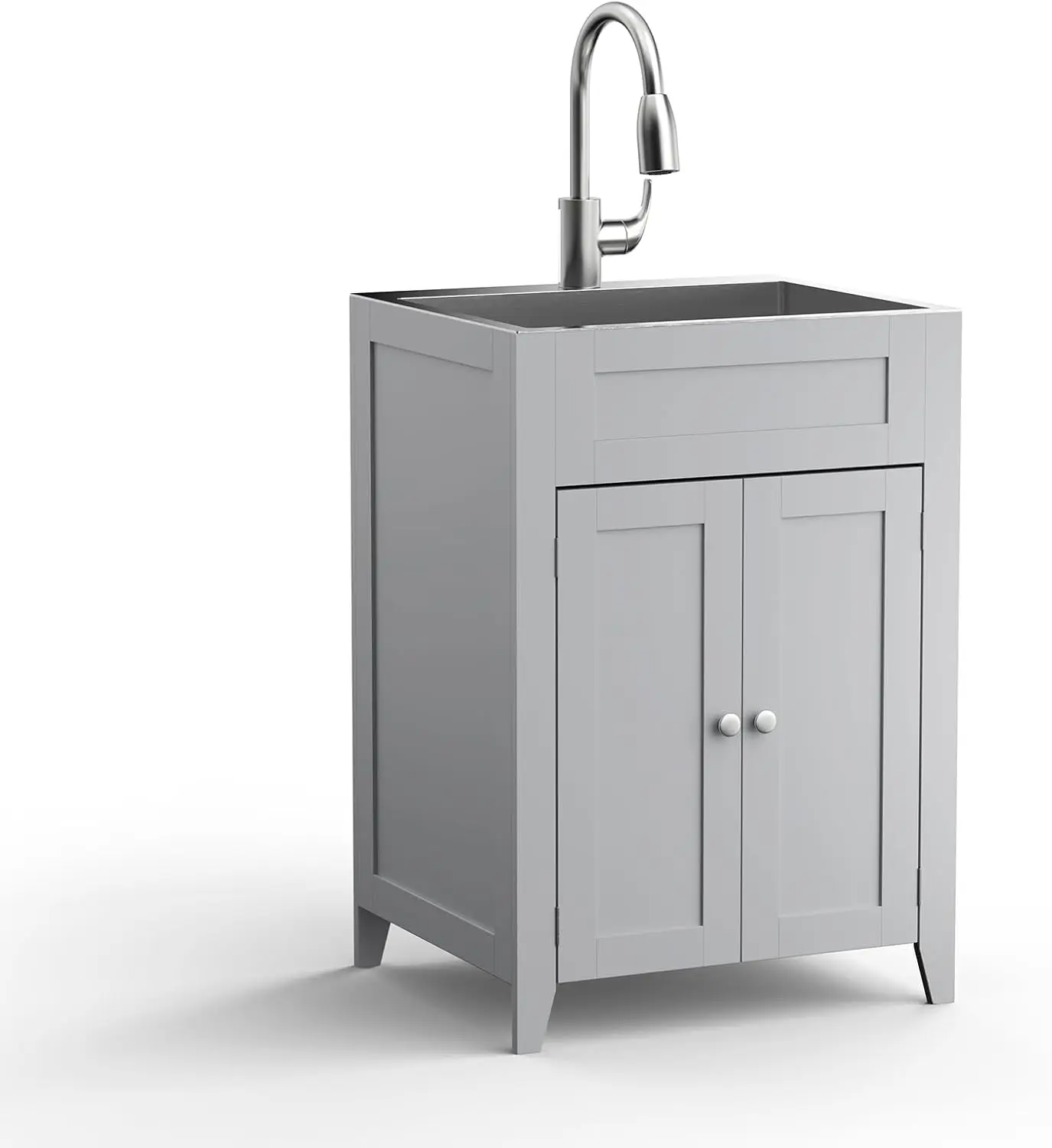 24  Sink with Cabinet and Pull-Out Sprayer Faucet, Stainless Steel Utility Sink with Cabinet, Grey Cabinet