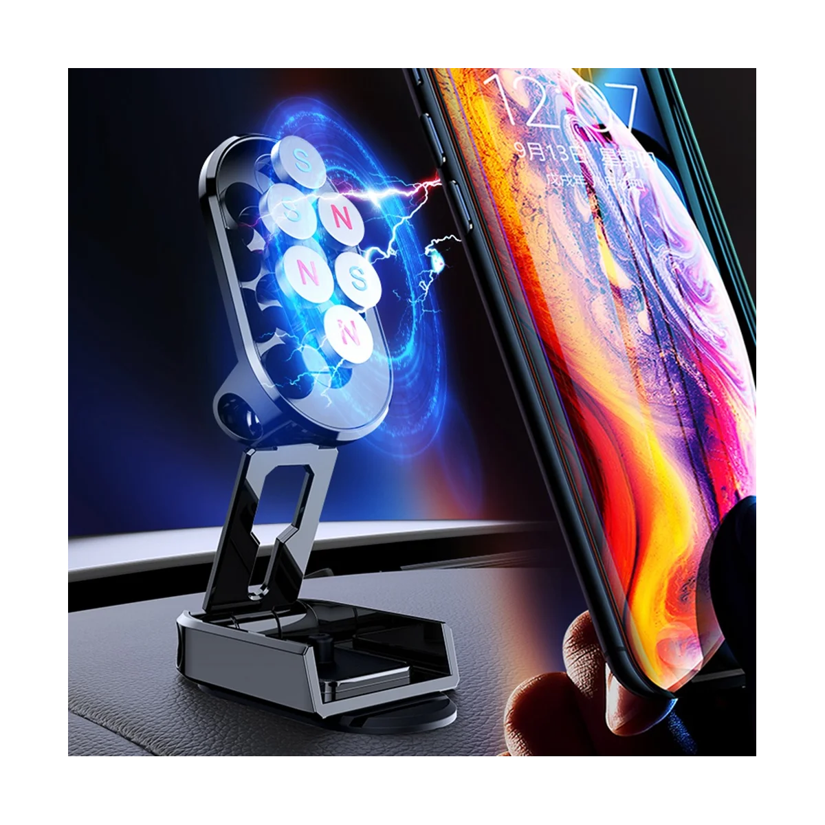 720° Rotation Foldable Magnetic Suction Car Phone Holder Black