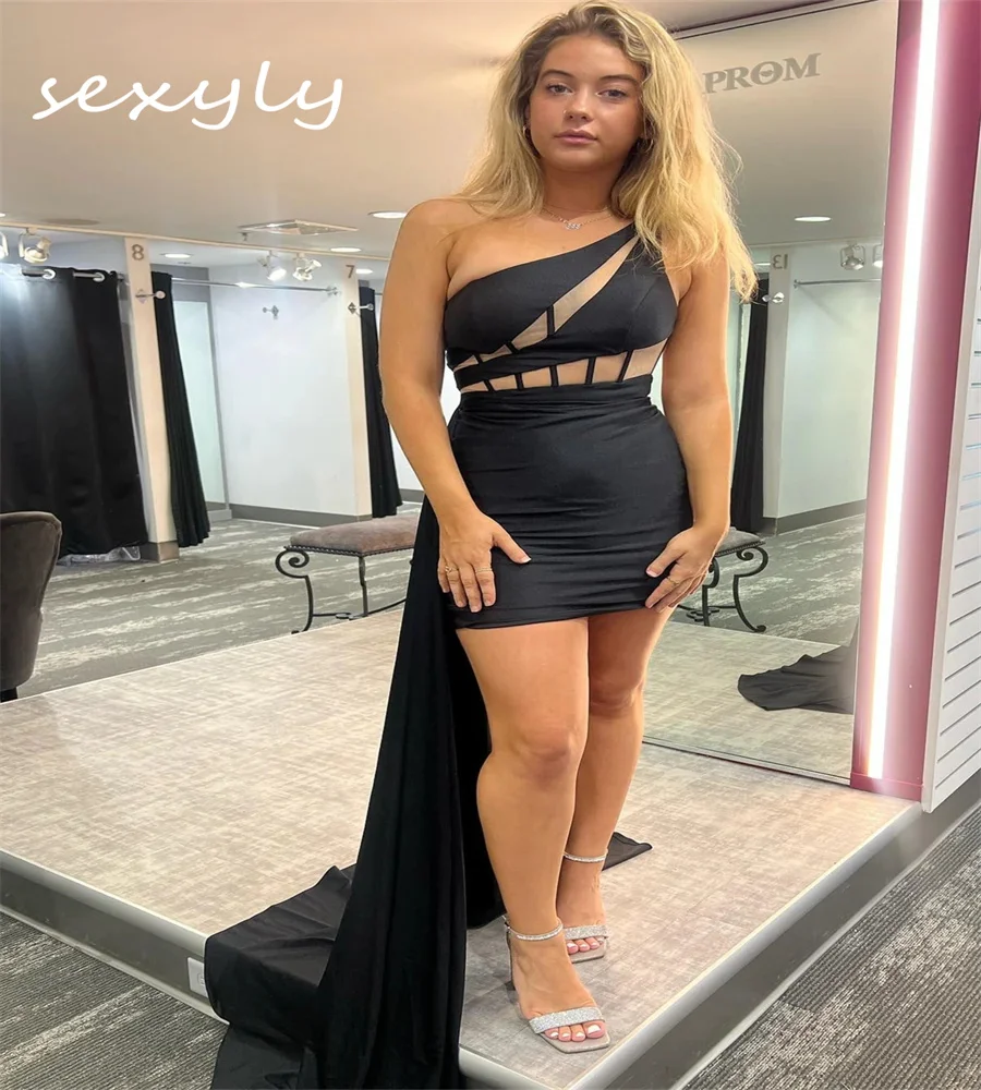 One Shoulder Black Prom Dress Bodice Mini Short Cocktail Party Dress Sexy Dinner Evening Dress With Attached Train Customized