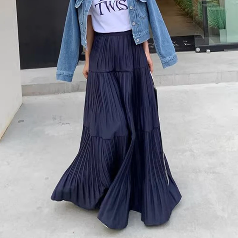 シックな春の新ハイウエストプリーツ A ラインロングスカート女性のフロック綿韓国スタイル通勤ハイウエストデザイン