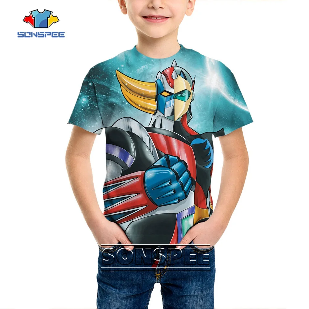 SONSPEE Summer New Vintage Anime Grendizer 3D Print Child T-shirt O-neck Hip Hop Goldorak Kids Tops Punk Robot Shirts Pullover