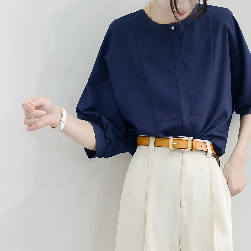 

Summer Half Sleeve Blue Tops Shirts Elegant Office Ladise Loose Casual Elegant Single-breasted Pearl Buttons Women Blouse 2026