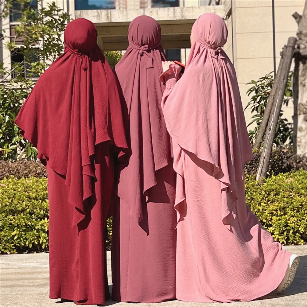 2pcs Sets Modest Women Eid Hooded Muslim Hijab Dress Prayer Garment Gowns Abaya Long Khimar Full Cover Ramadan Islamic Clothing