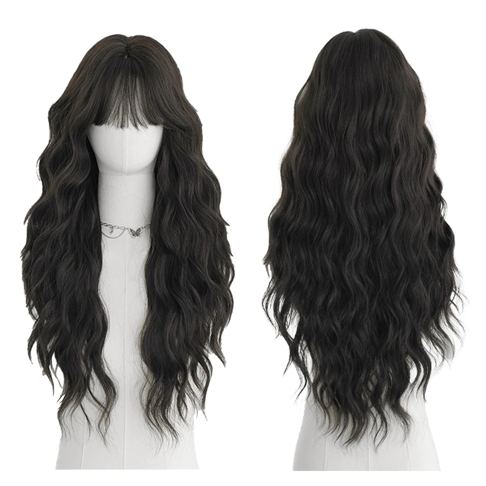 ที่คาดผมผมยาวหยิกสังเคราะห์คุณภาพสูงพร้อมหน้าม้าที่ดูฟูเป็นธรรมชาติ เหมาะสำหรับวิกผมสำหรับเล่นบทบาทในงานปาร์ตี้ประจำวันของผู้หญิง