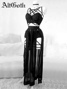 AltGoth القوطية ملهى ليلي مثير تنورة مجموعة النساء انظر من خلال شبكة عارية الذراعين المحاصيل القمم ايمو ألت الشرير عالية الخصر السروال تنورة 3 قطعة