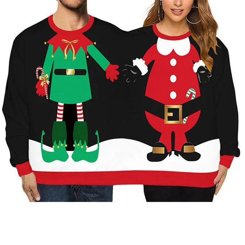 Double Ugly Christmas Couple Sweaters Siamese Twins Pullover 3D Printed Funny Couple Sweatshirt