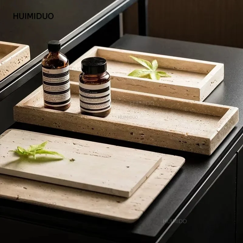 Beige Travertine Bathroom Set Natural Marble Soap Dispenser Reed Diffuser Tissue Box Tray Bathroom Accessories