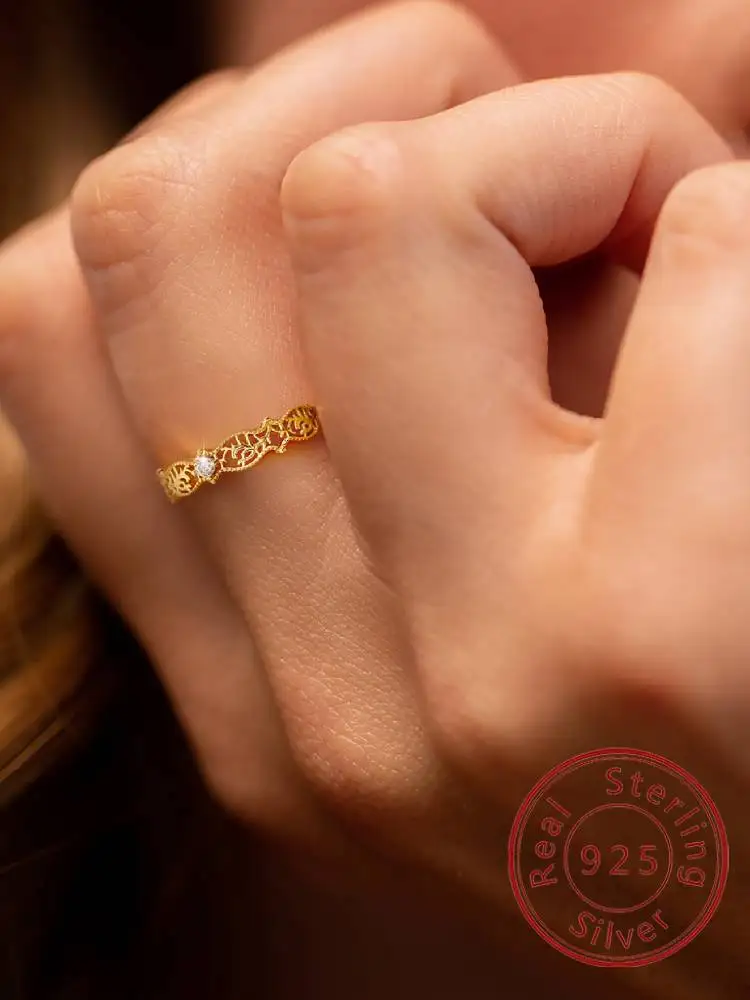 

925 Sterling Silver Personalized Vintage Hollow Branches Leaves Round Zircon Ring For Women Party High Quality Fine Jewelry