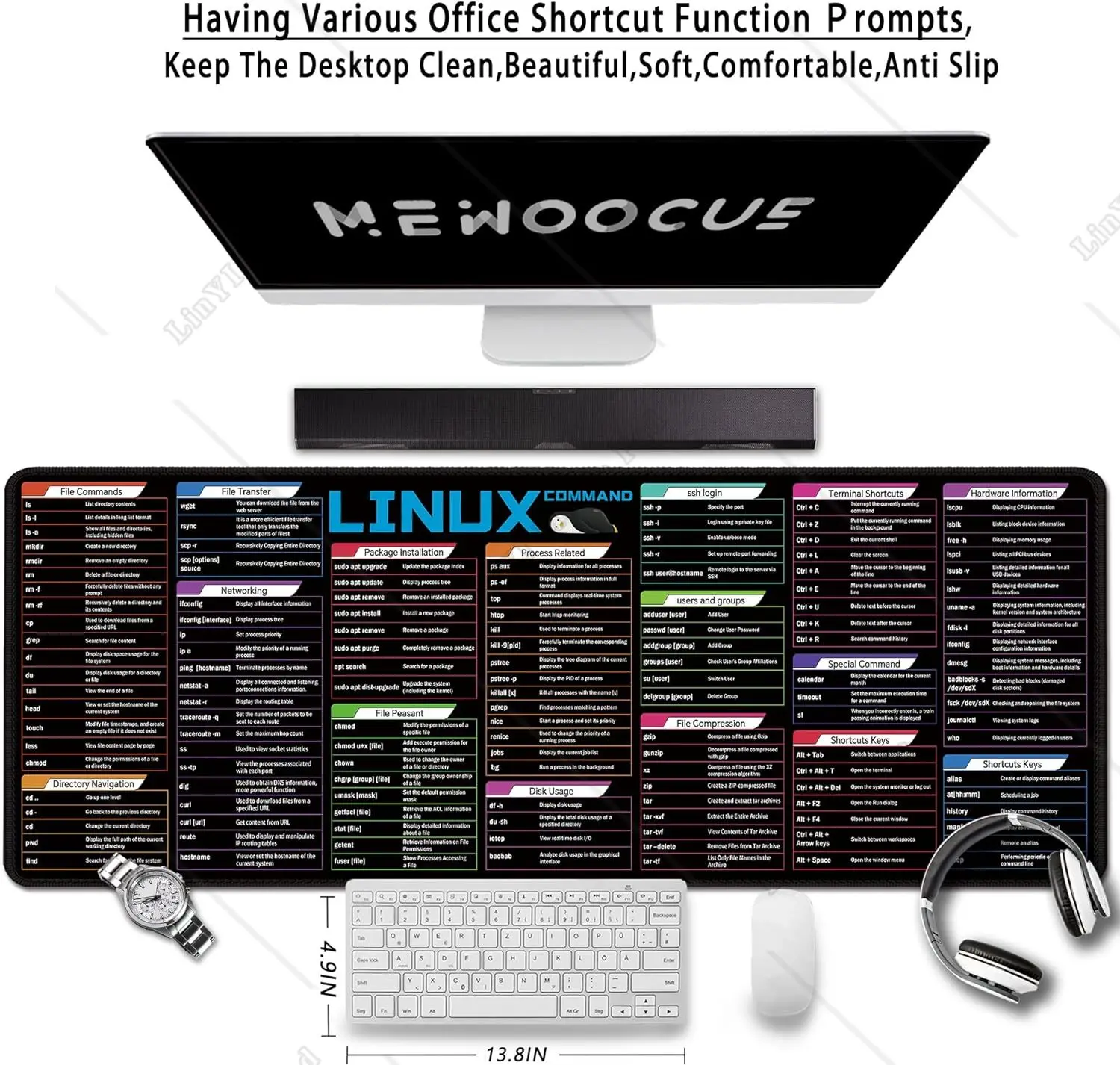 Grande folha preta Linux Mousepad para transferência, rede, instalação do pacote, uso do disco, SSH