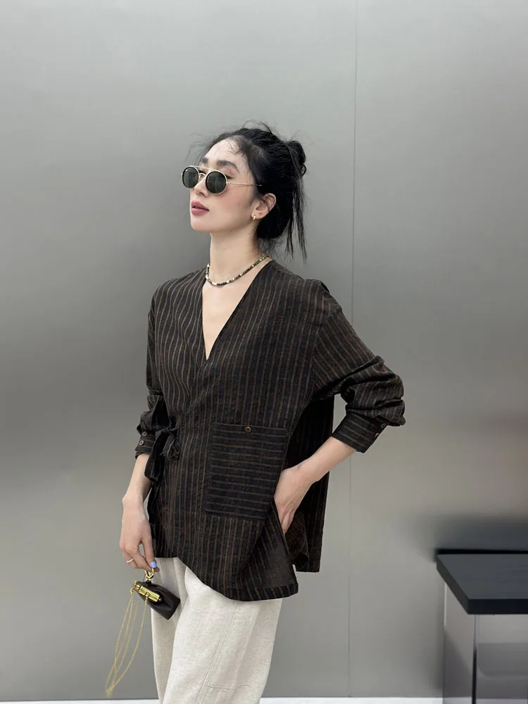 

Женская куртка Bodhl Heavyweight Sanderson из шелковой ткани с завязками на талии, в полоску, в китайском стиле, для повседневной носки, свободного кроя, с длинными рукавами, круглым вырезом