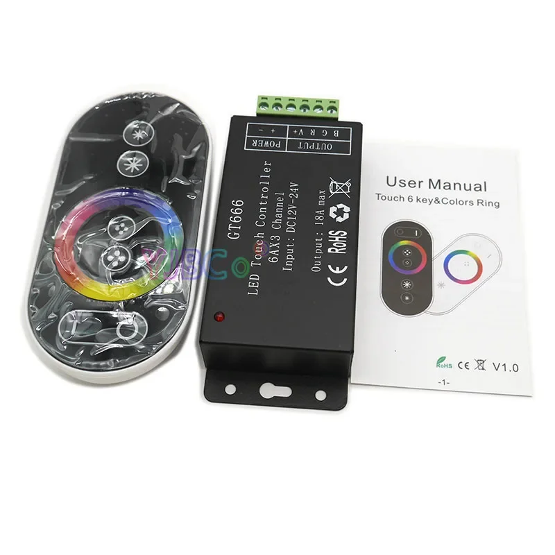 

GT666 RGB LED Strip light Controller wireless RF Touch Remote control DC 12V 24V 18A 3 channels RGB Light Tape Dimmer Switch