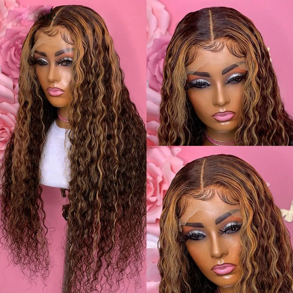 PrePlucked 26inch Glueless High density Lace Front Wigs Highlight Blonde Kinky Curly Synthetic  For Black Women With Baby Hair