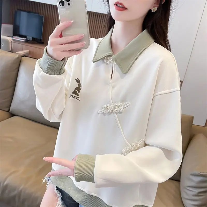 Dopamine college wind contrast stitching blouse female autumn 2024 new Chinese loose casual fashion Polo neck sweater