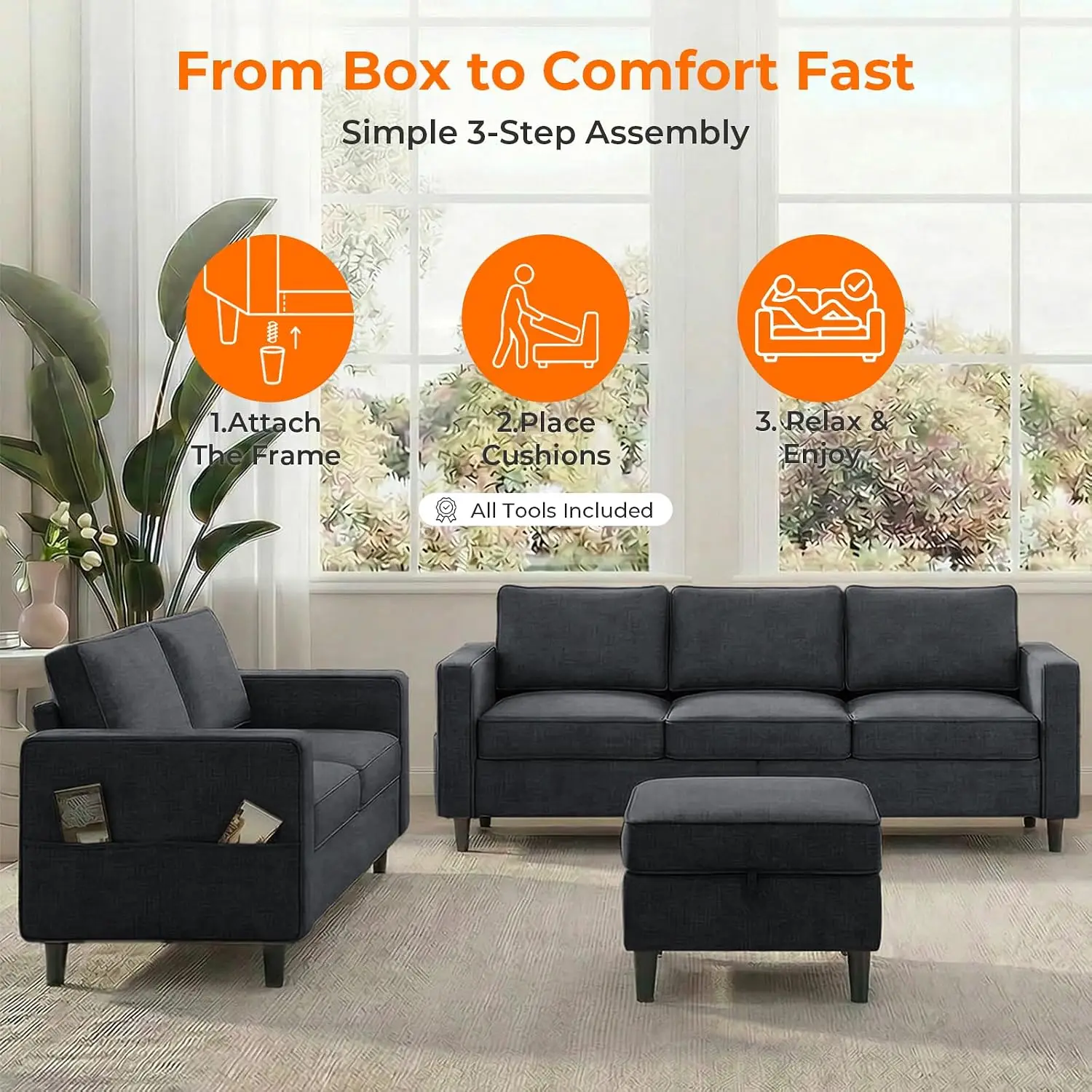 Modern Linen 5 Seater Sectional Sofa Set for Living Room, Dark Gray, 2PCS, Customized