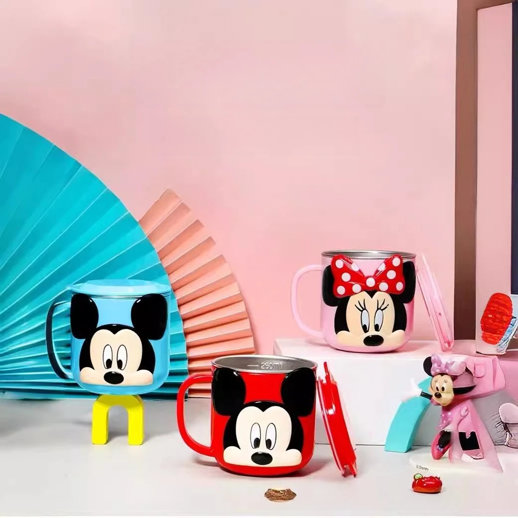 Disney Kids 316 Stainless Steel Cup with Scale Lid & Straw Mickey Frozen Cinderella Rapunzel Character Mug for Kids Water Cup