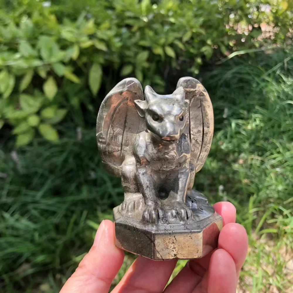 8cm Natural Pyrite Hand Carved Gargoyle Statue Gothic Crystal Guardian Figurine Wealth Energy Stone Spiritual Desktop Decor