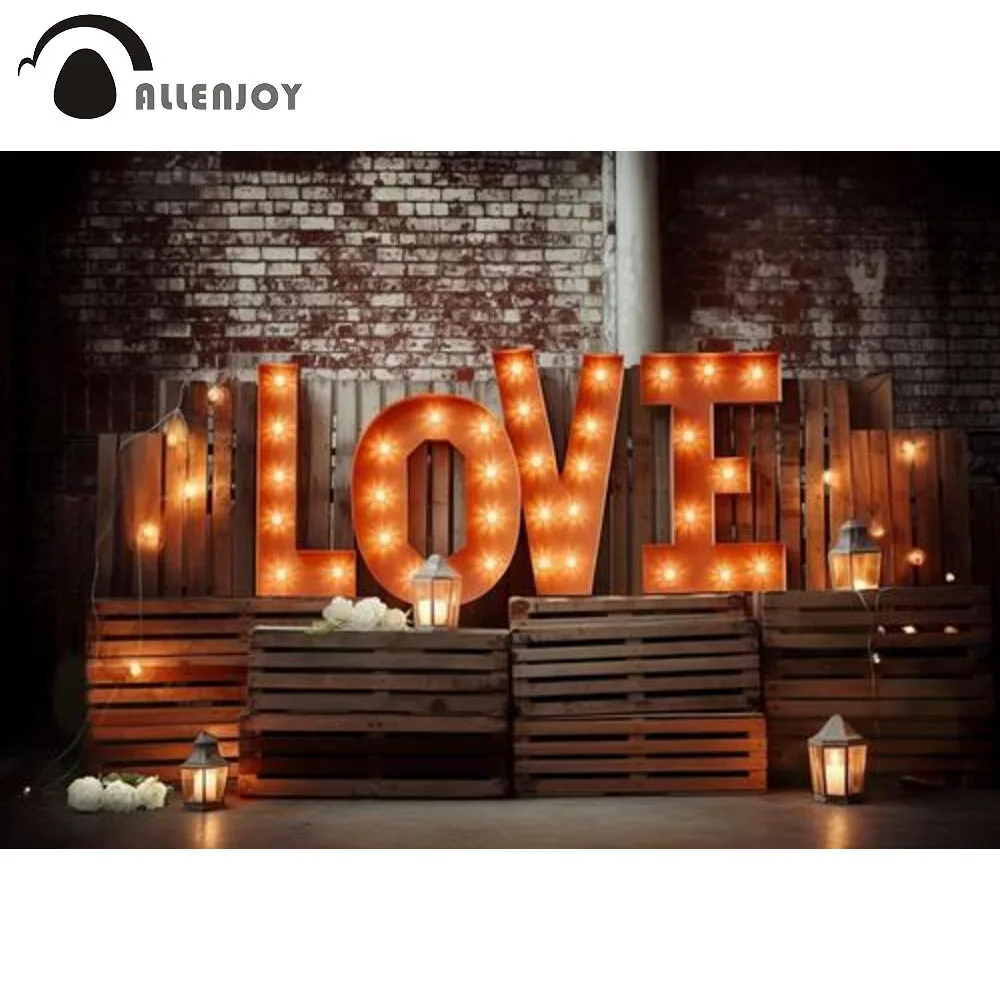 

Allenjoy Valentine's Day Love Light Bulbs Photography Backdrop Red Brick Wall Wood Decor Portrait Photo Booth Background