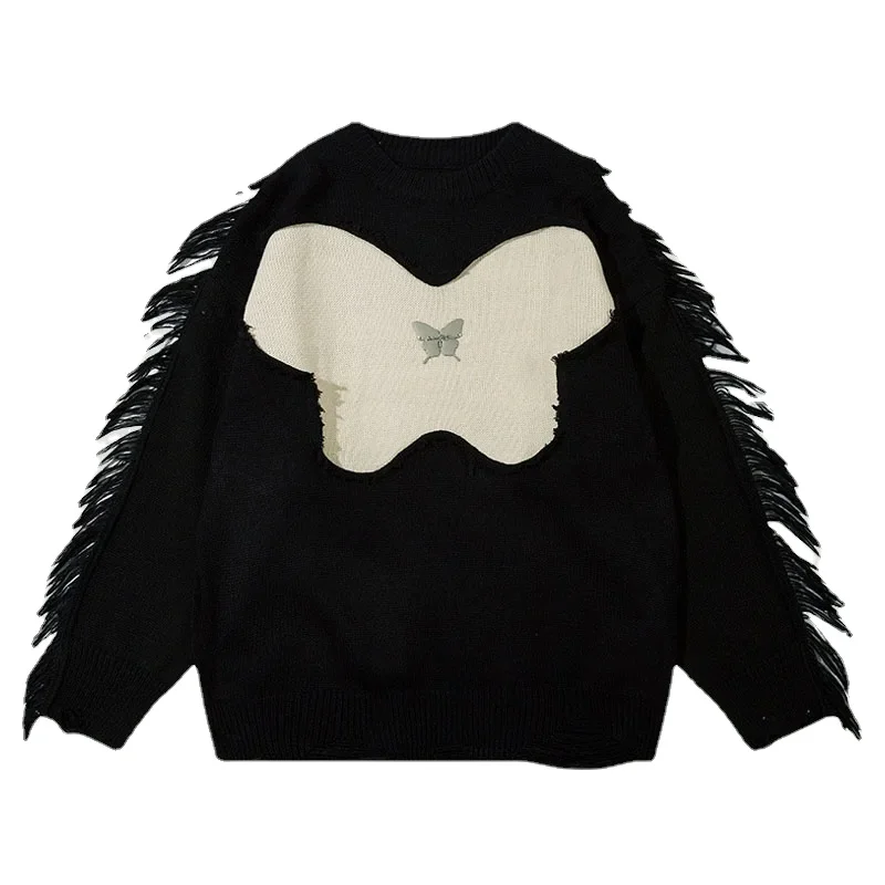 American Men Knitted Sweater Hip Hop Harajuku Butterfly Patch Tassel Sleeve Pullover Large Casual O-Neck Knitwear Couple Unisex