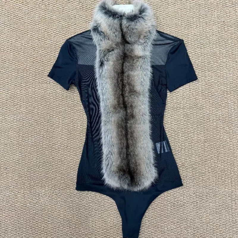 Sexy See Through Mesh Sheer Patchwork Fur Bodysuit Shirt 2026 New Fashion Elegant Women Short Sleeve Club Party Tops Tee