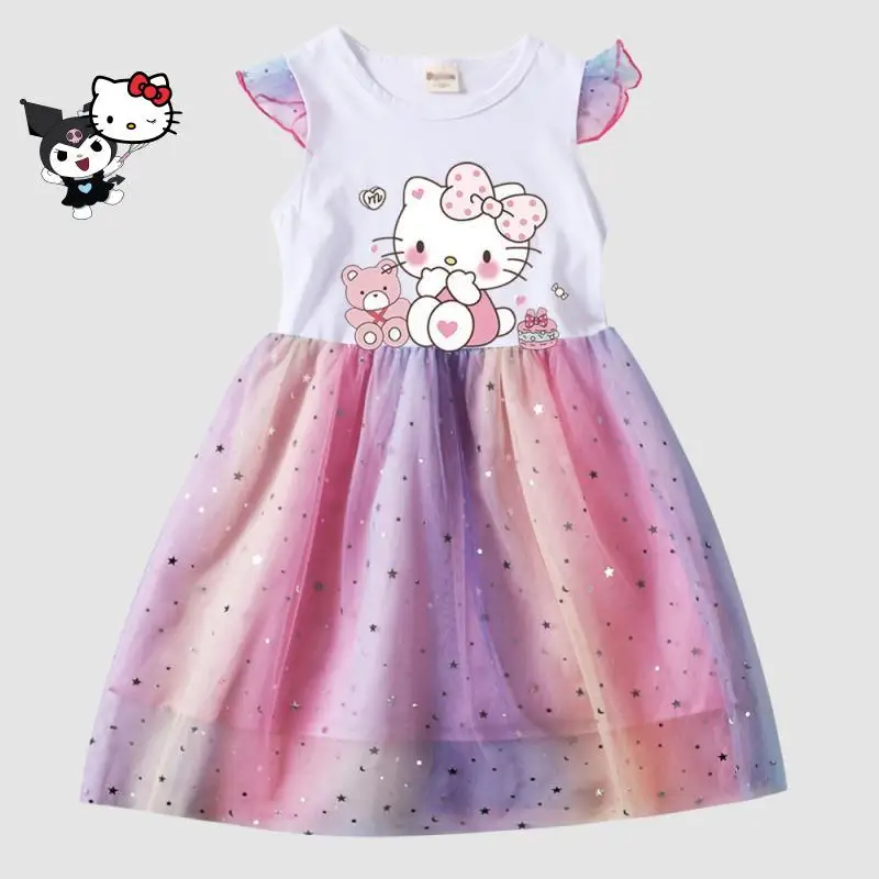

Детское платье-жилет Kuromi с героями мультфильмов аниме Sanrios Hello Kittys, милая летняя новая модная сетчатая юбка с маленькими летящими рукавами для девочек, милая мягкая
