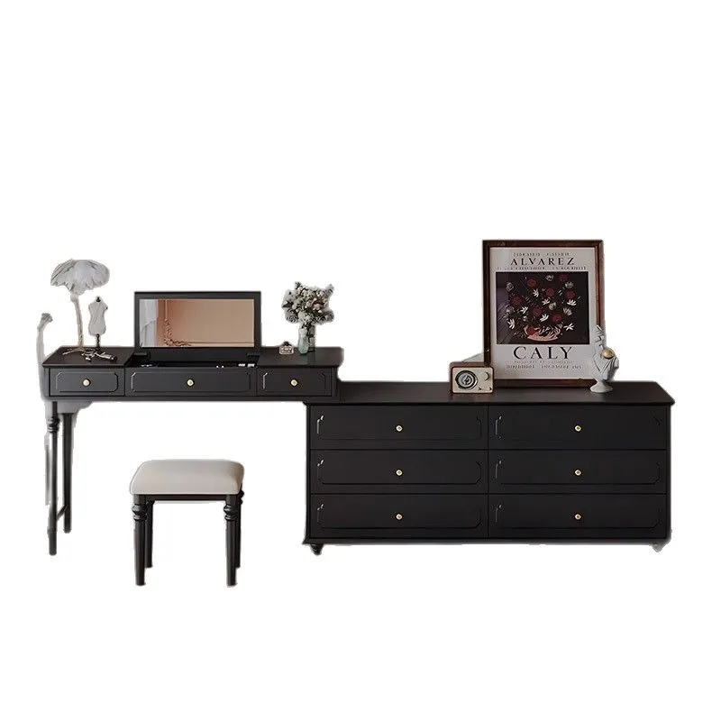 

American retro black flip dresser mirror can be hidden master bedroom end of bed chest dresser integrated antique bedroom