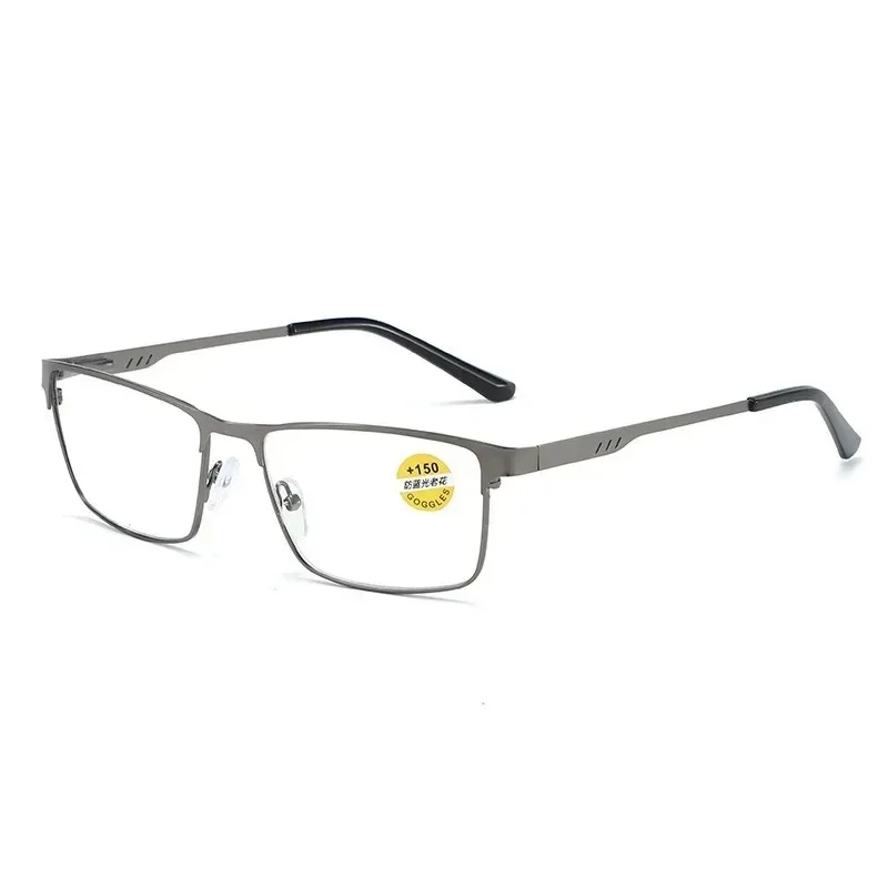 Anti-Blaulicht Metall-Lesebrille mit Federbügeln Geschäftsbrille für Herren Klassische Eckige Hyperopie-Brille – Detail 5