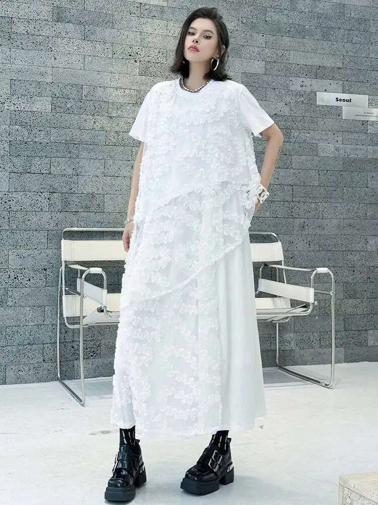 

Black Mesh Big Size T-shirt Skirt Two Pieces Suit New Round Neck Short Sleeve Women Fashion Tide Spring Summer