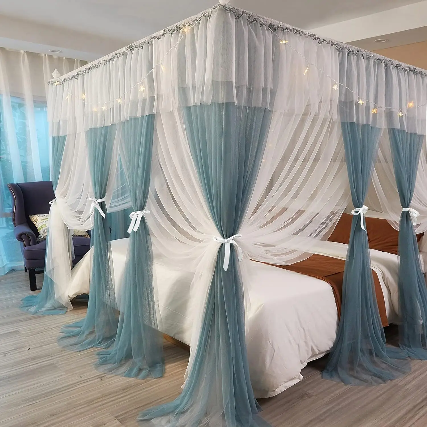 Imagem -06 - Royal Canopy Bed Curtain para Meninas e Adultos Luxuosas Cortinas Acolhedoras Cantos Post Canopy Decoração Bonito do Quarto da Princesa