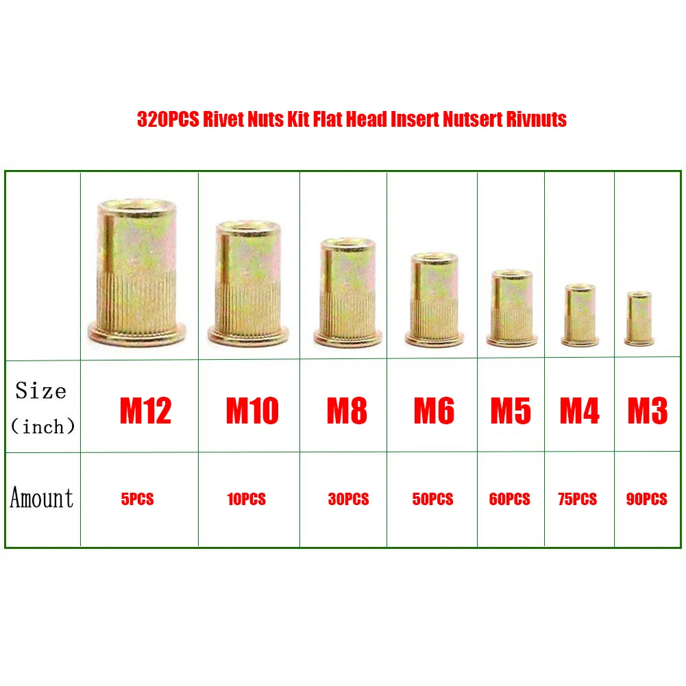 Набор заклепочных гаек с плоской головкой, 320 шт., набор заклепочных гаек в ассортименте, набор резьбовых вставок, заклепочных гаек, стандартных болтов и гаек