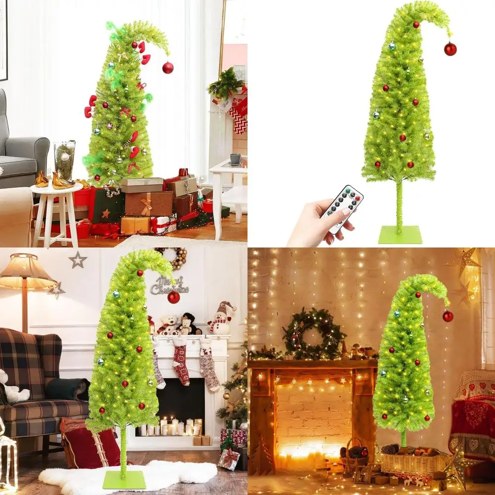 شجرة عيد الميلاد الاصطناعية القابلة للانحناء بطول 5 أقدام باللون الأخضر الليموني مع 150 مصباح LED وكرة زينة، مثالية لديكور عطلة المنزل أو المكتب