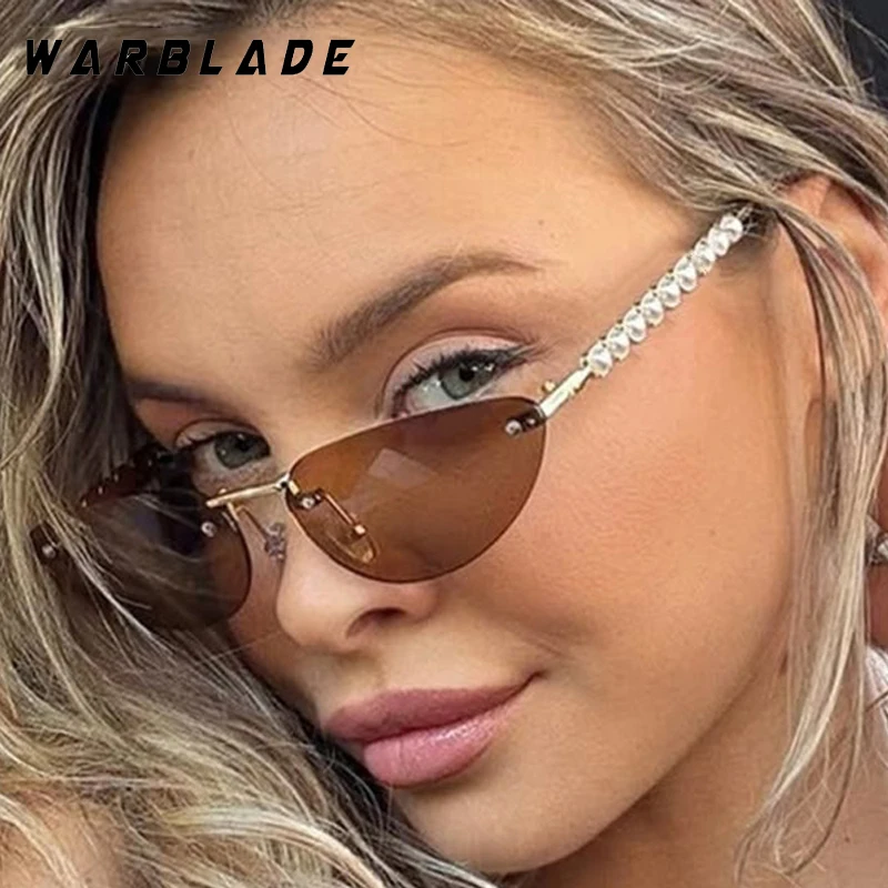 

Trendy Metal Rimless Cat Eye Pearl Decorate Women Sunglasses Luxury Design Men Sunglass Travel Drive Female Eyewear UV400 Lentes