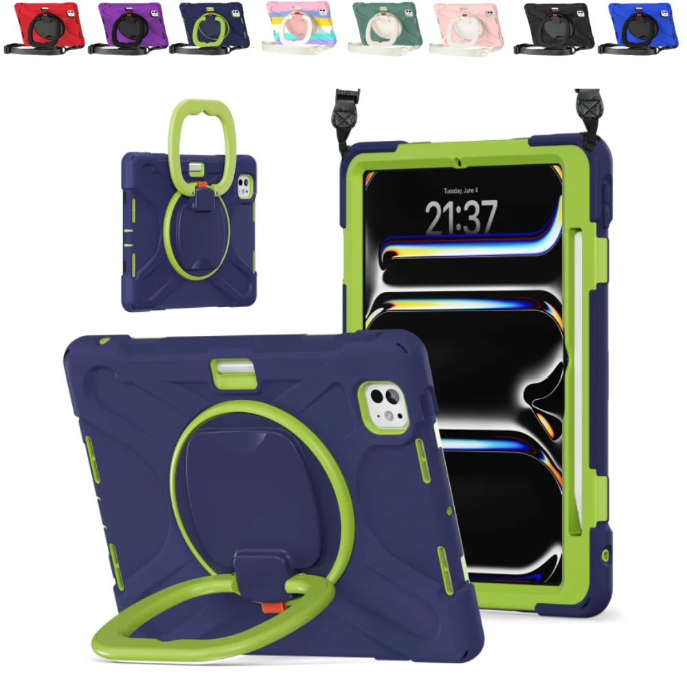 

Silicone Shockproof Case for iPad Pro 11 13 Inch 2024 Cover for A2837 A3006 with 360° Rotating Handle Kickstand Shoulder Straps