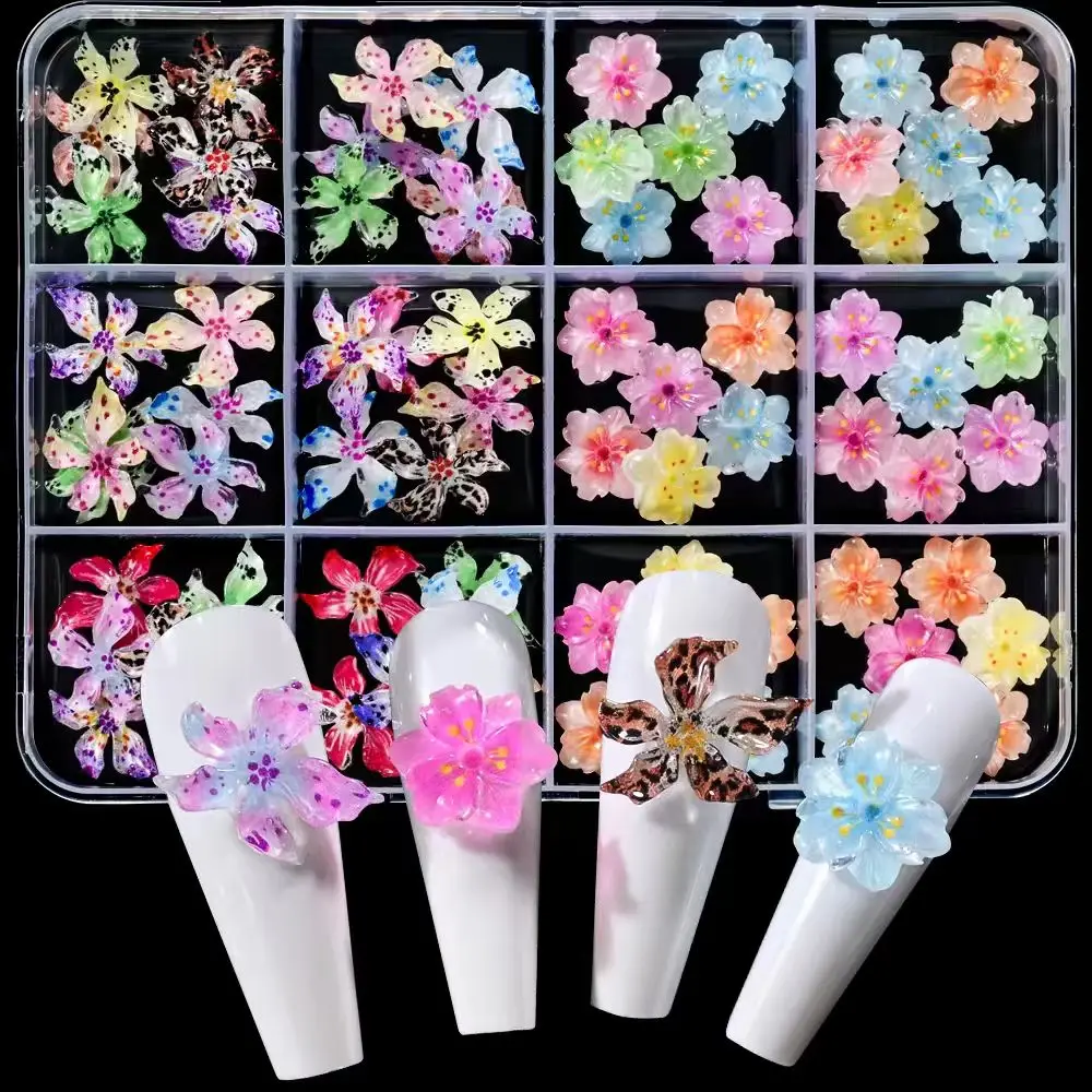 

Mixed Ice Crystal Five Petal Lily Flower Nail Charms 3D Gradient Sakura Cherry Blossom Leopard Print Flower Nail Decor