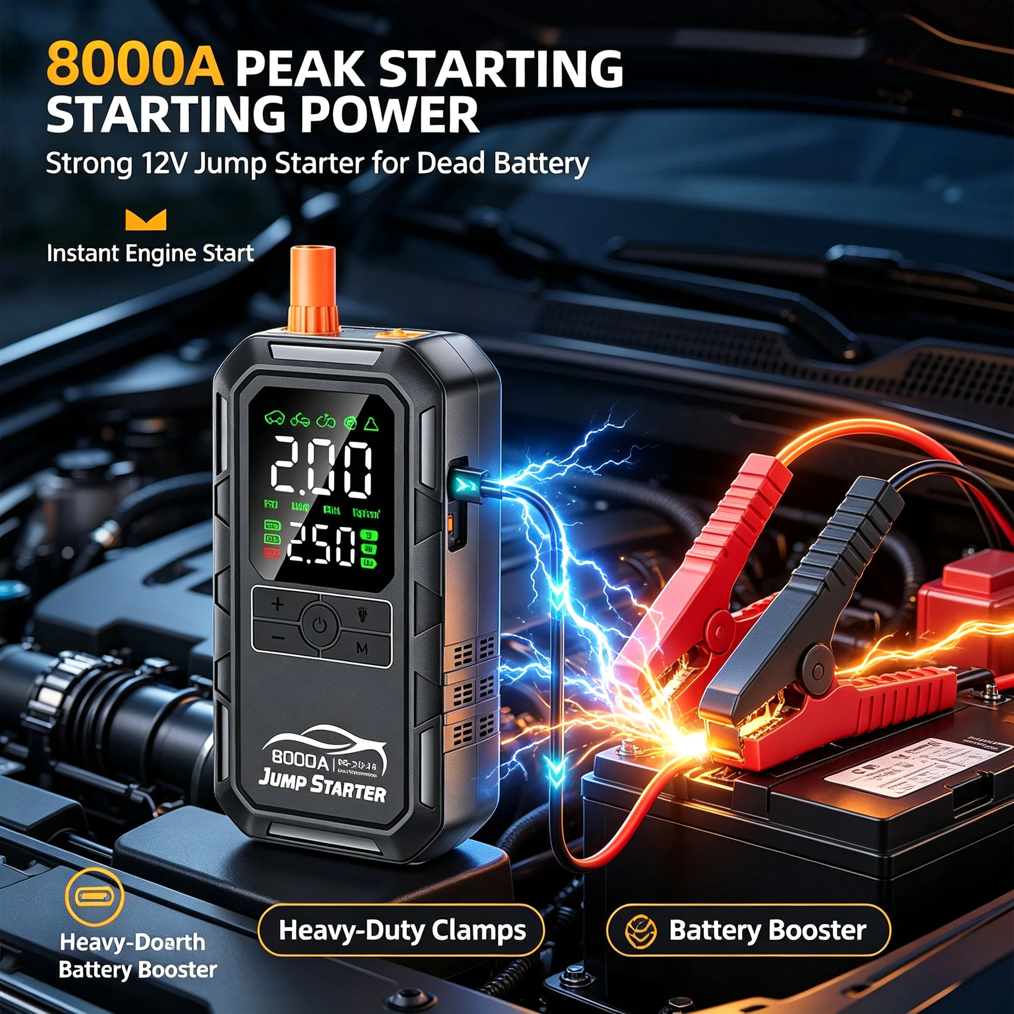 4-IN-1 Car Jump Starter Air Compressor 12V 8000A Peak Portable Auto Battery Booster 180PSI Tire Inflator for Vehicle SUV Truck