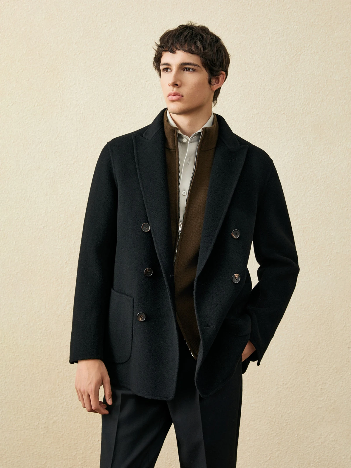 معطف قصير من الصوف بنسبة 100% للرجال |   معطف شتوي سميك أسود مزدوج الصدر |   معاووس وسترة دافئة ذات وجهين