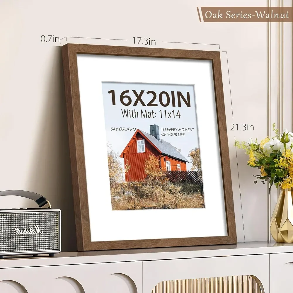 16x20 Picture Frame 5 Pack, Natural Wood Grain Brown Walnut & HD Glass, Display 11x14 Poster with Mat or 16x20 without Mat