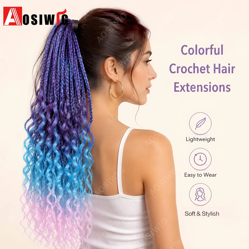 Ombre 16 Pre Braided Ponytail Hair Extension Synthetic Wrap Around Crochet Braid With Curly Gradient Color Braided Ponytail